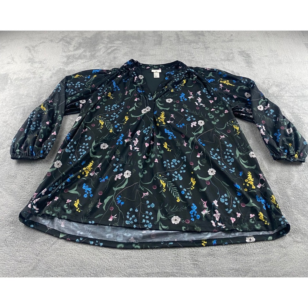 Anna Glover x HM Womens Large Floral Split Neck Long Sleeve Blouse Black Multi